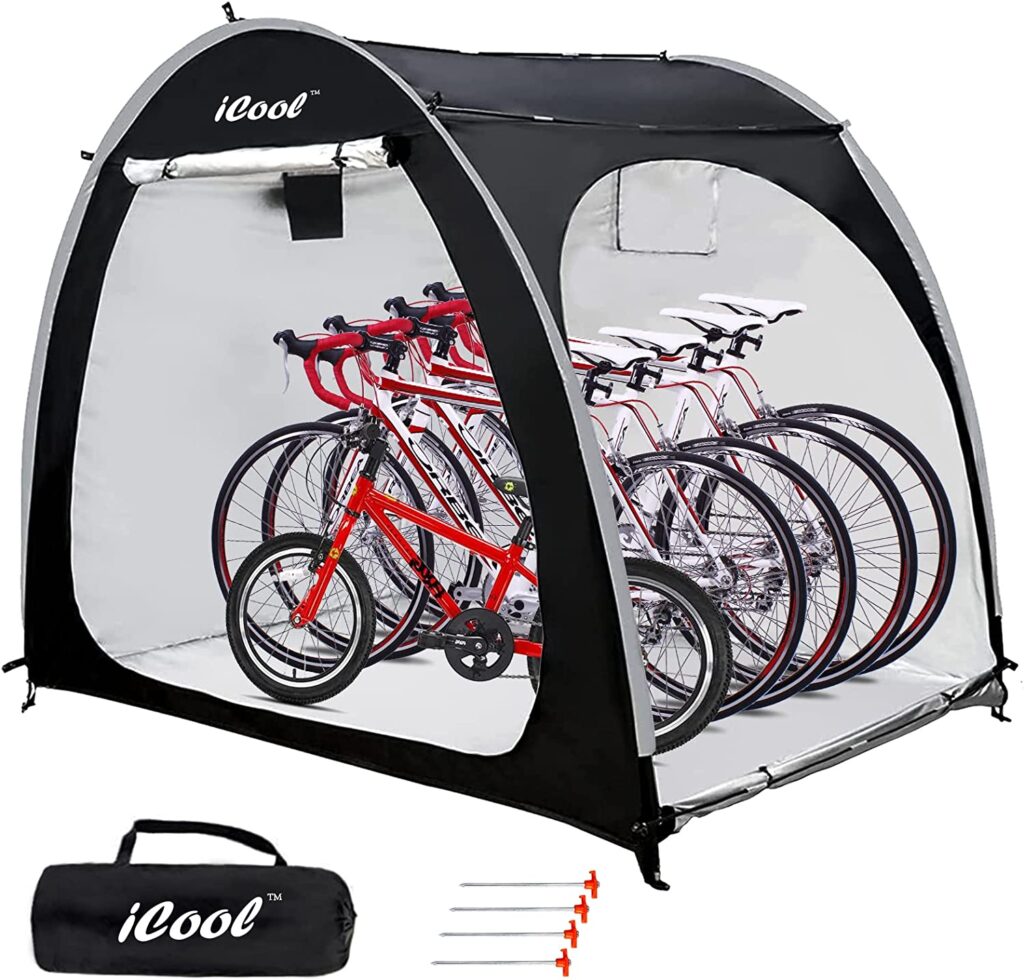 iCool Outdoor Bike Covers Storage Shed Tent, 4 bicycles Shown in Black Bike Tent
