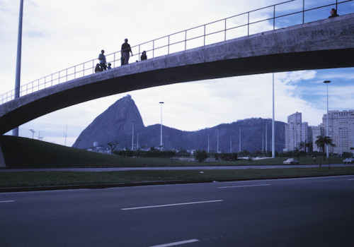 Pedestrians crossing footbridge in Rio de Janeiro, Brazil