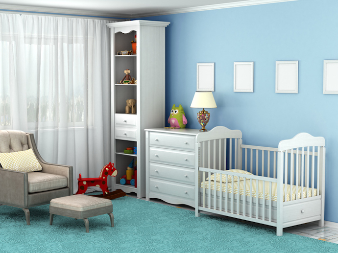 Child's room, where there is a chair, toys, furniture, flooring,
