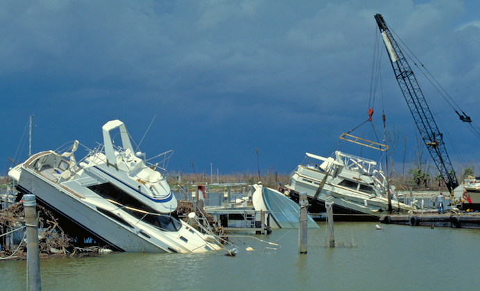 Sunken and damaged boats at Black Point Marina after Hurricane Andrew.
