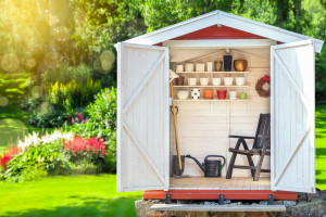 garden shed with organized yard tools