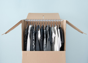 open wardrobe box with hanging clothes