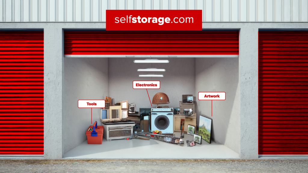 storage units with tools, electronics, and artwork