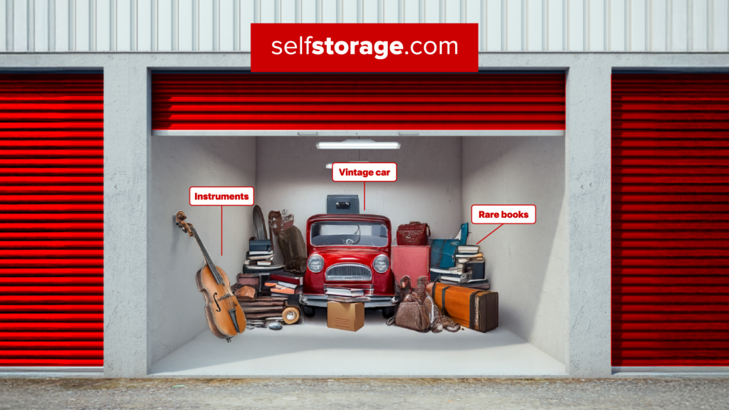 storage unit with instruments, vintage car, and rare books