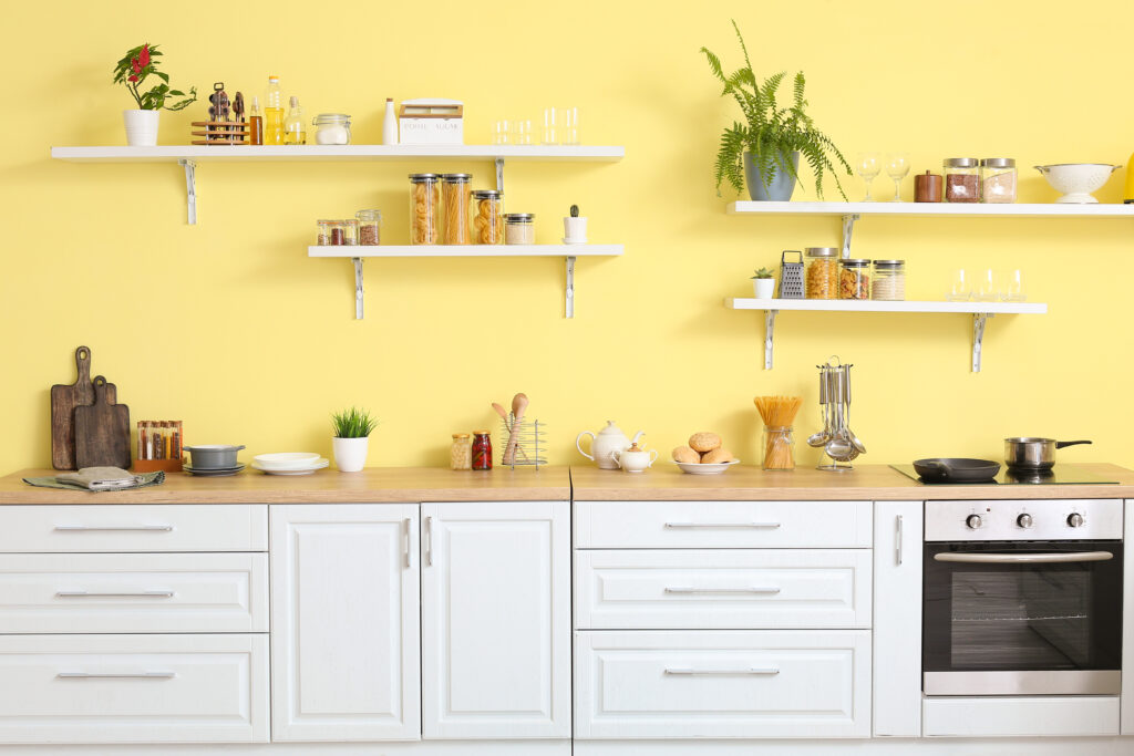 kitchen with shelves on wall to optimize small space organization