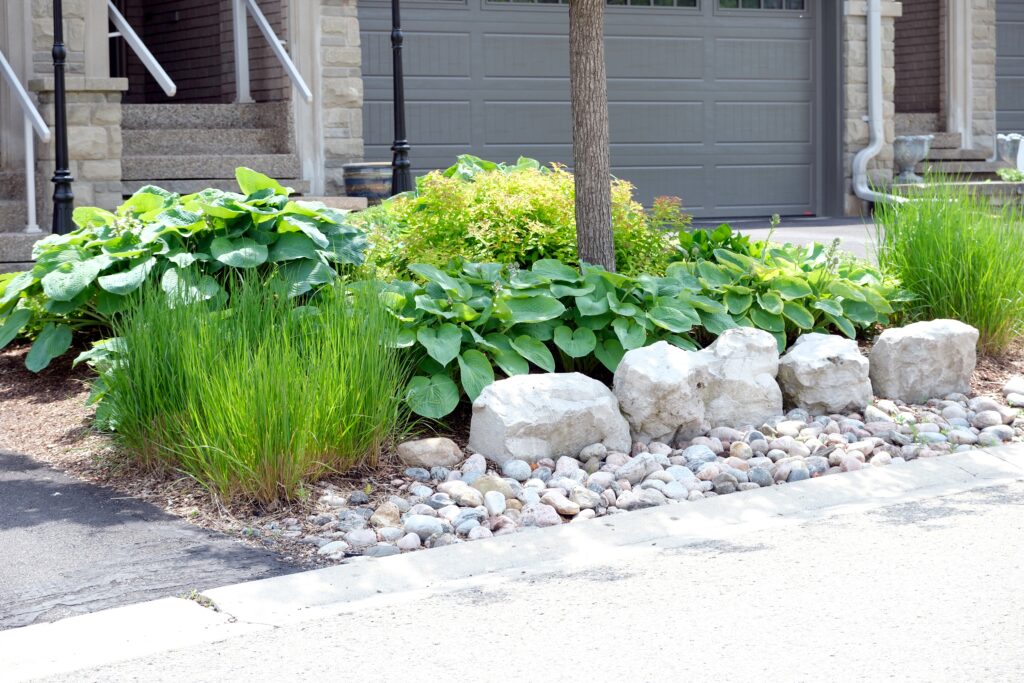 front garden landscaping features with stones and no lawn