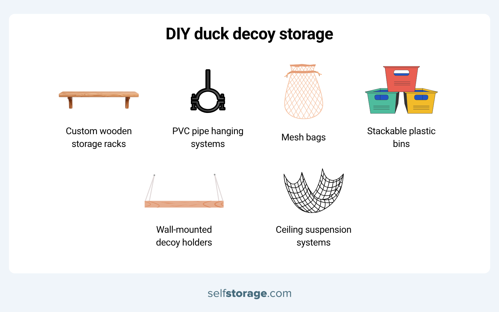 Infographics with images of DIY duck decoy storage ideas