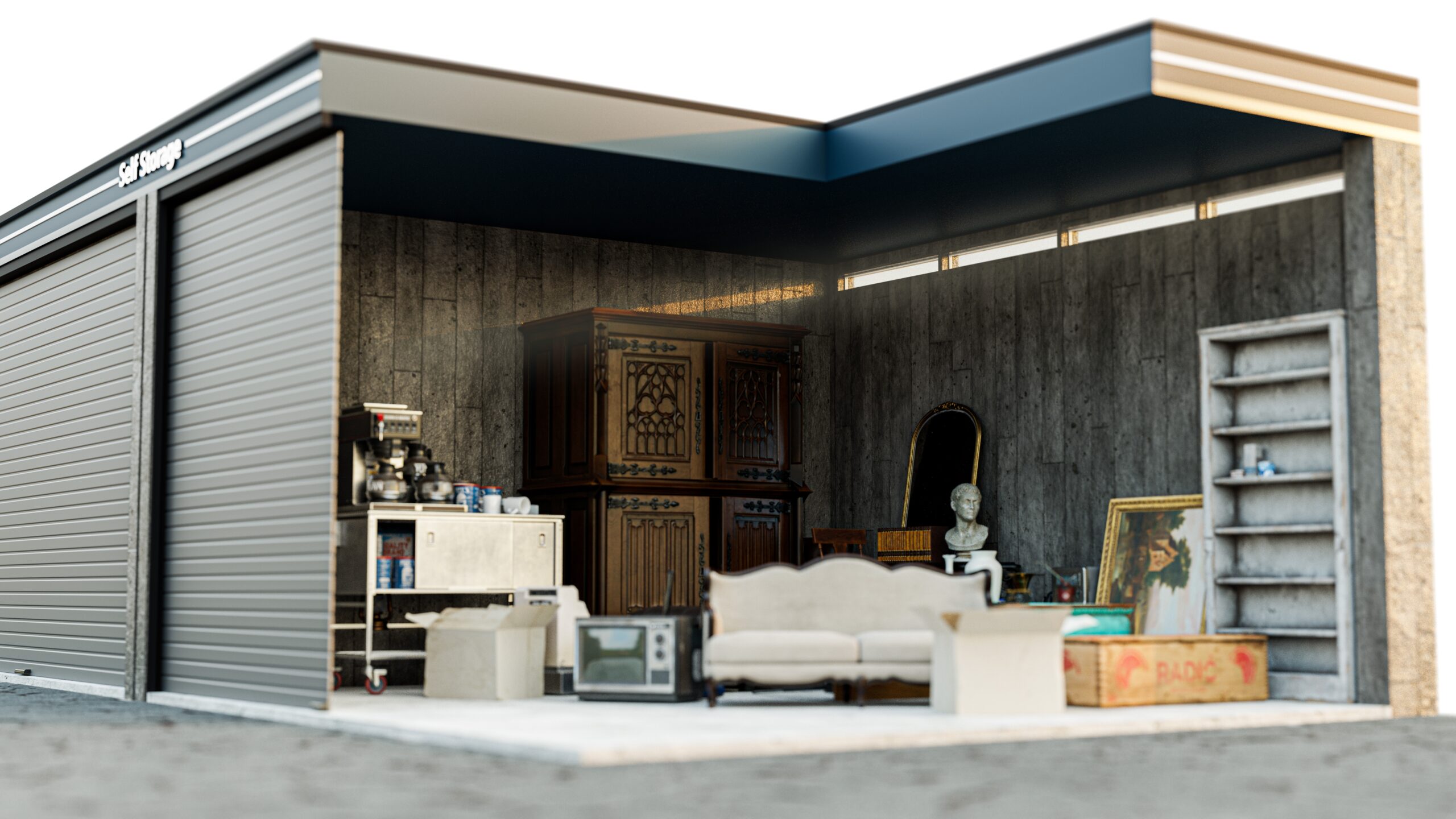 A cross section of an abandoned storage unit with antique furniture and items
